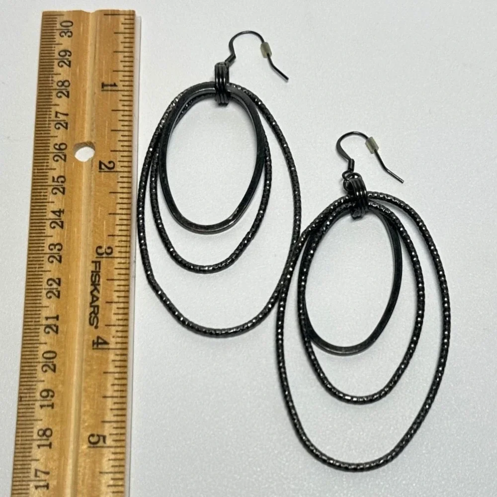 Black Triple Hoop Dangle Earrings Layered Gunmetal Boho Statement‎